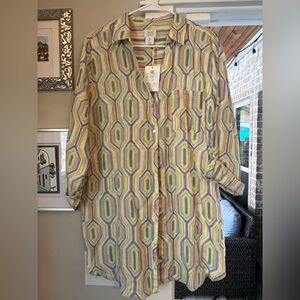 Sigrid Olsen Pastel Multicolor Geometric Linen button down tunic NEW size L